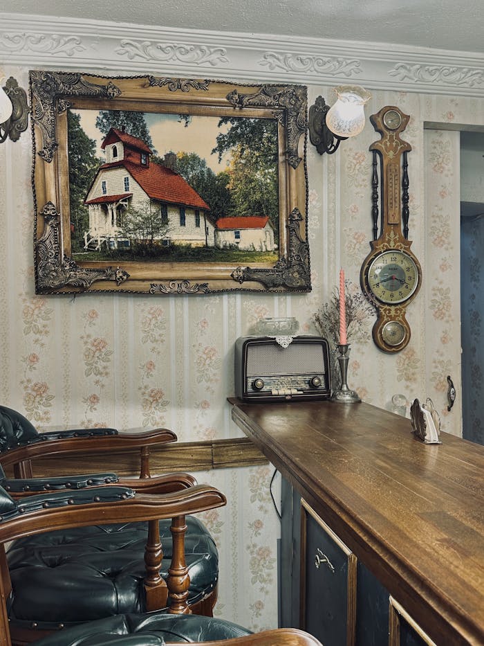 Cozy vintage barbershop with antique furnishings and decor elements, perfect for a retro vibe.